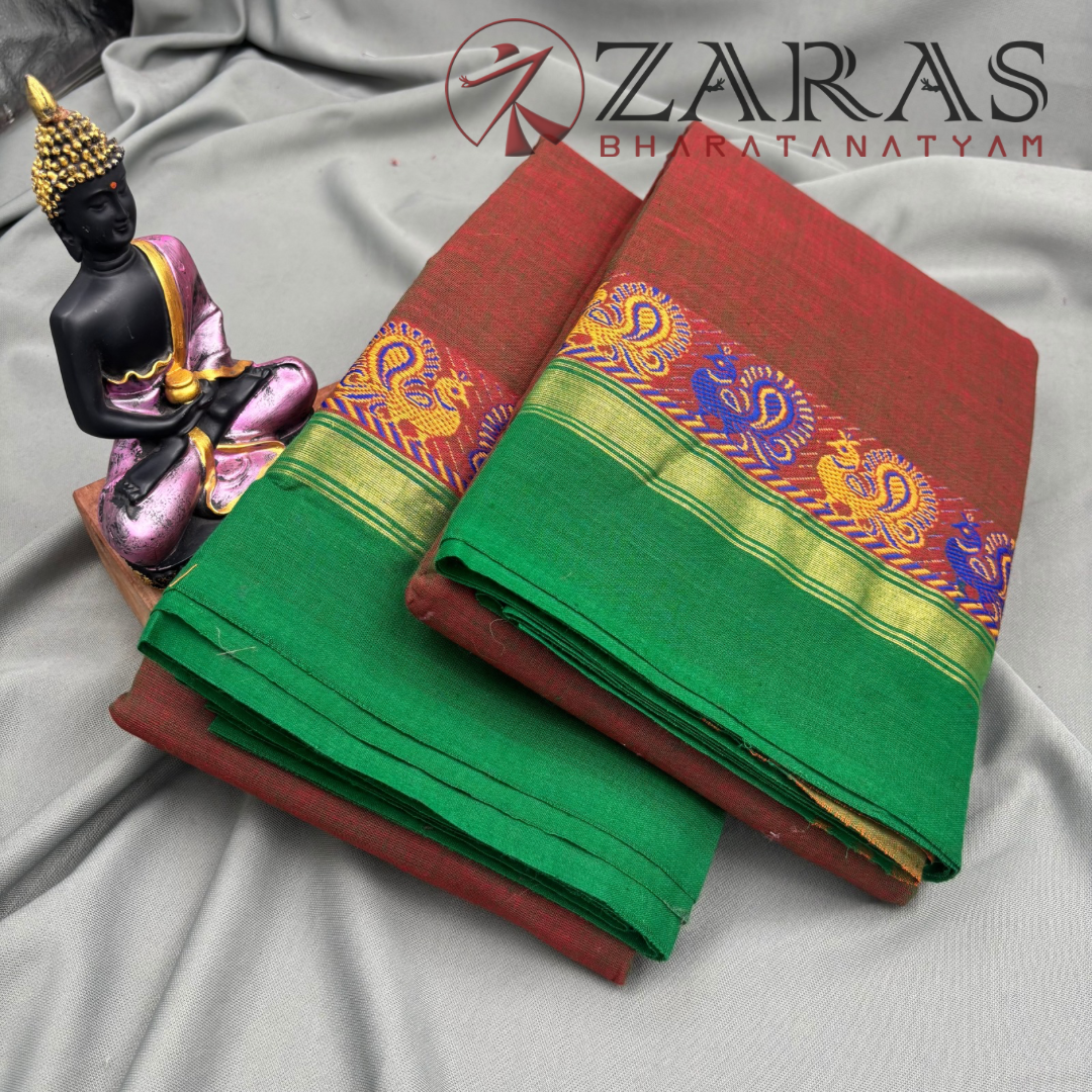 Bharatanatyam Dance Practice Saree - Mix Brown Green Small Peacock Border image 1
