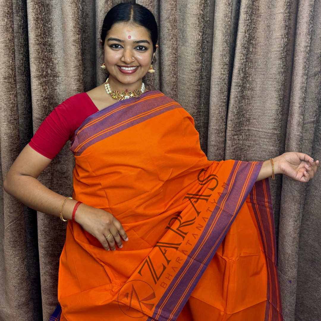Bharatanatyam Dance Practice Saree - Orange with Blue Plain Border image 0