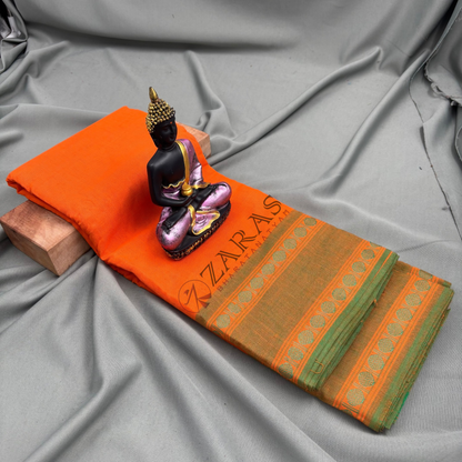 Bharatanatyam Dance Practice Saree - Orange with Green Coin Border image 1