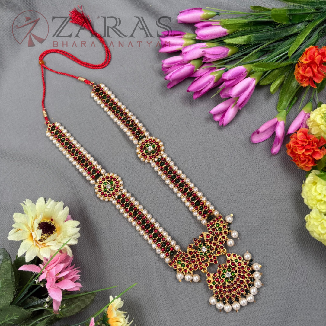 Bharatanatyam Dance Jewellery Haaram - Peacock CG Balls RG Kemp Maalai / Long Beads image 0