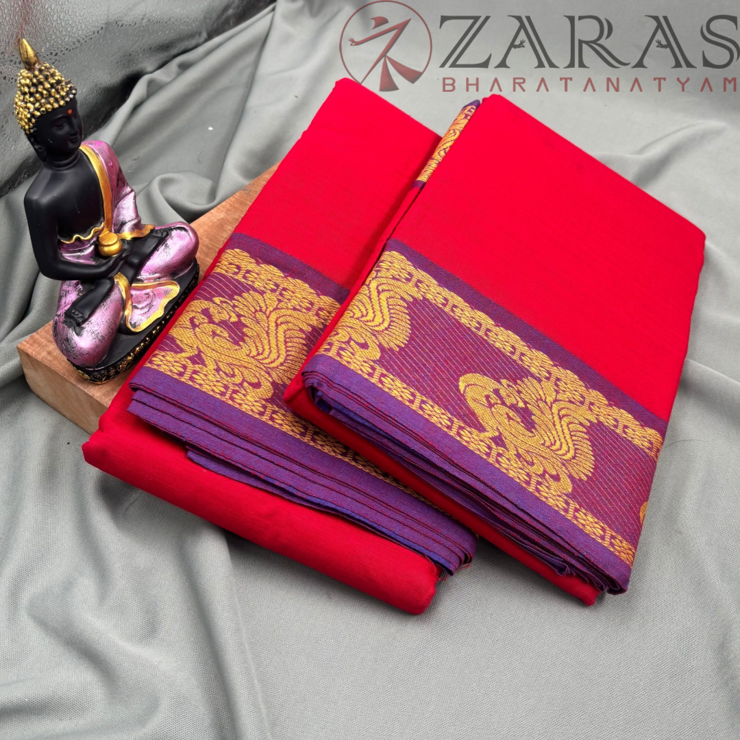 Bharatanatyam Dance Practice Saree - Red Mustard Peacock Border image 2