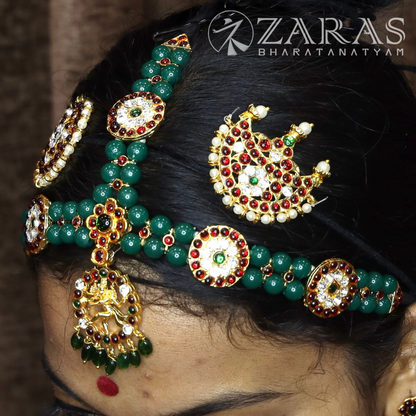 Bharatanatyam Dance Jewellery - Headset Nadaraj Pendent Green Pearls Kemp image 0