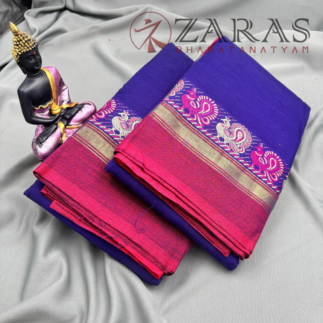 Bharatanatyam Dance Practice Saree - Blue with Pink Small Peacock Border image 1