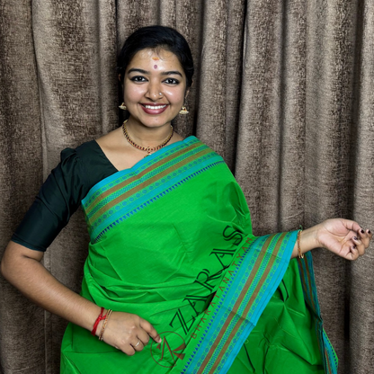 Bharatanatyam Dance Practice Saree - Light Green with Blue Double Coin Border image 0