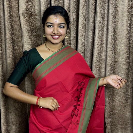 Bharatanatyam Dance Practice Saree - Red With Green Plain Border image 0