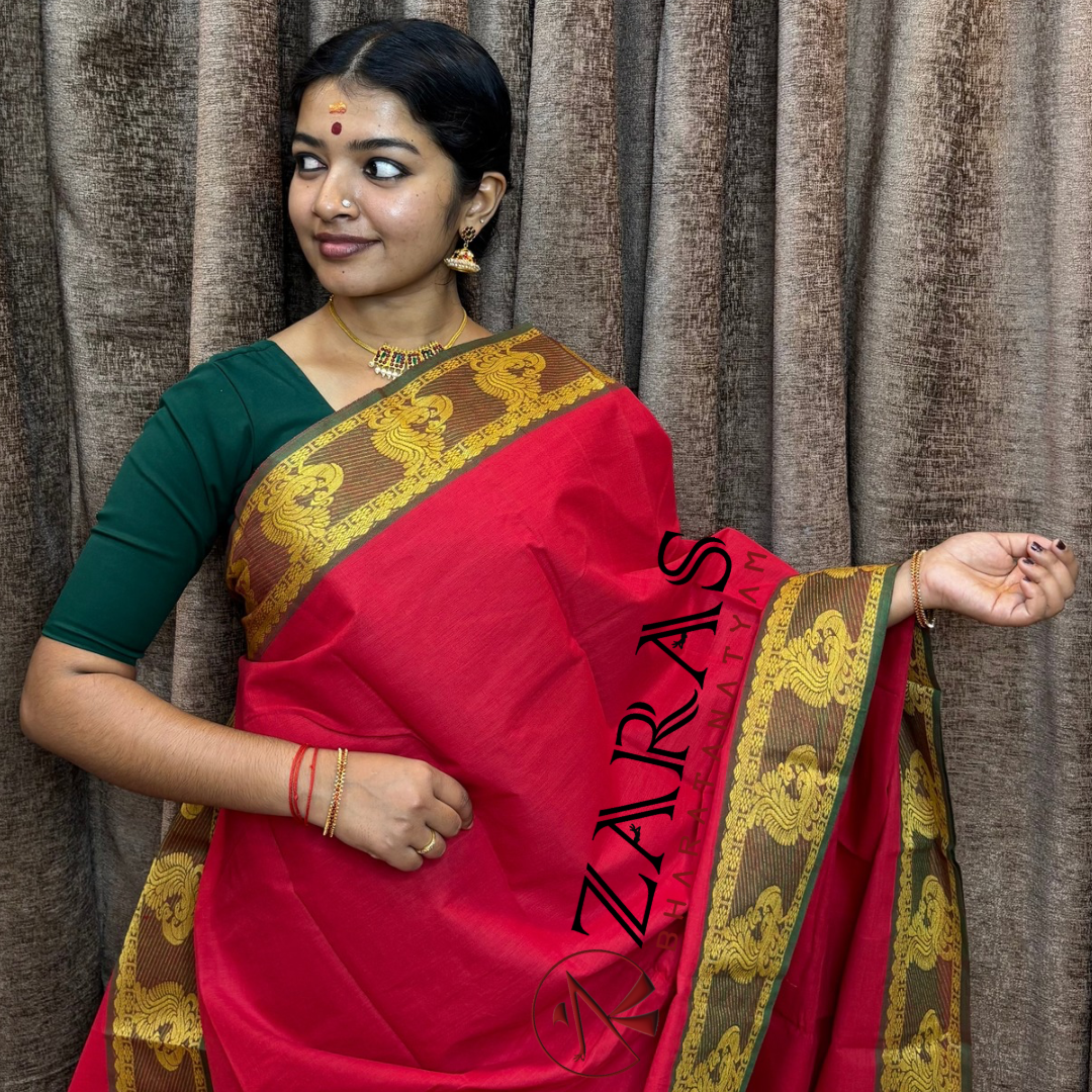 Bharatanatyam Dance Practice Saree - Red Green Peacock Border image 0