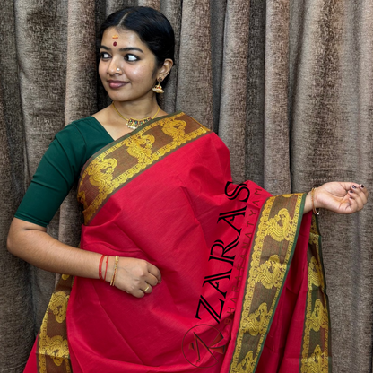 Bharatanatyam Dance Practice Saree - Red Green Peacock Border image 0