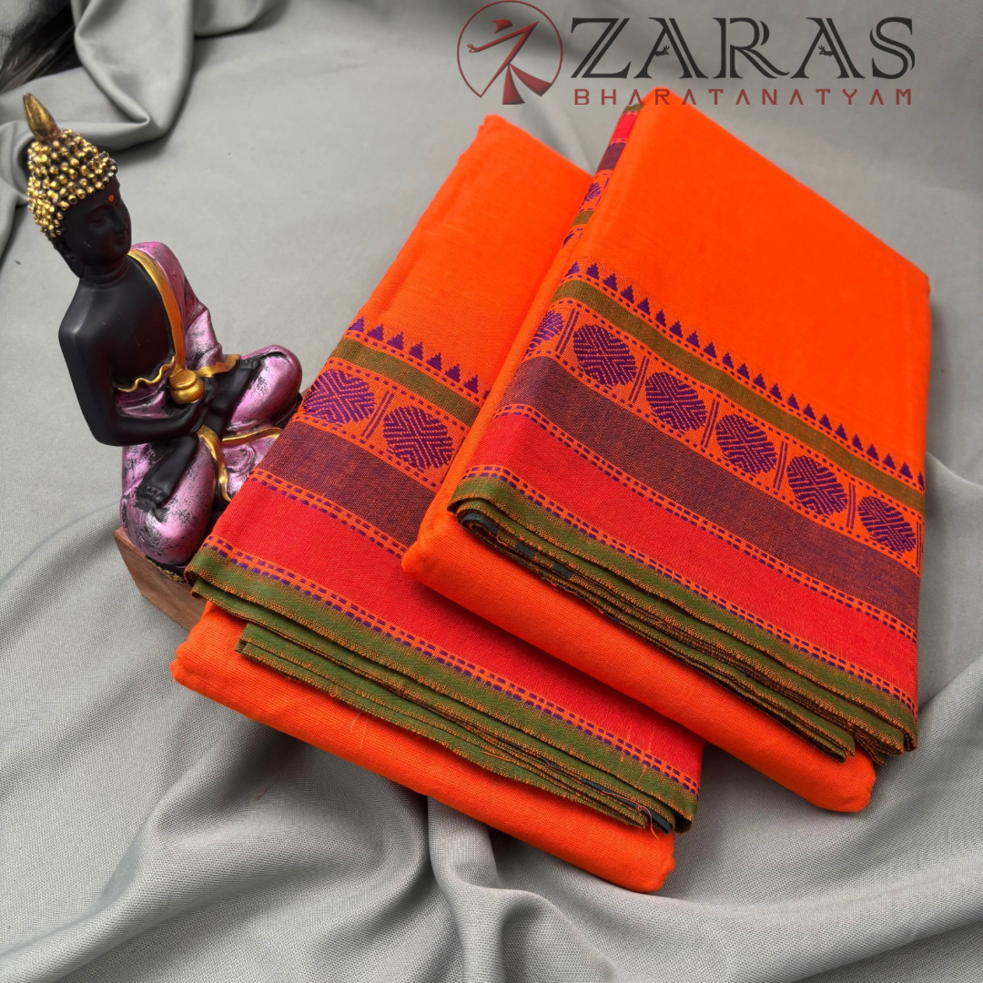 Bharatanatyam Dance Practice Saree - Orange with Green Temple Coin Border image 2