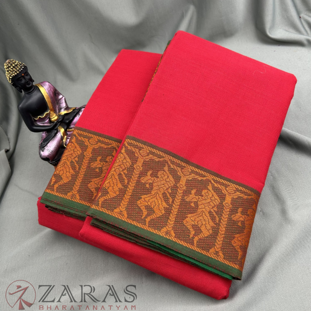 Bharatanatyam Dance Practice Saree - Red with Green Doll Border image 1