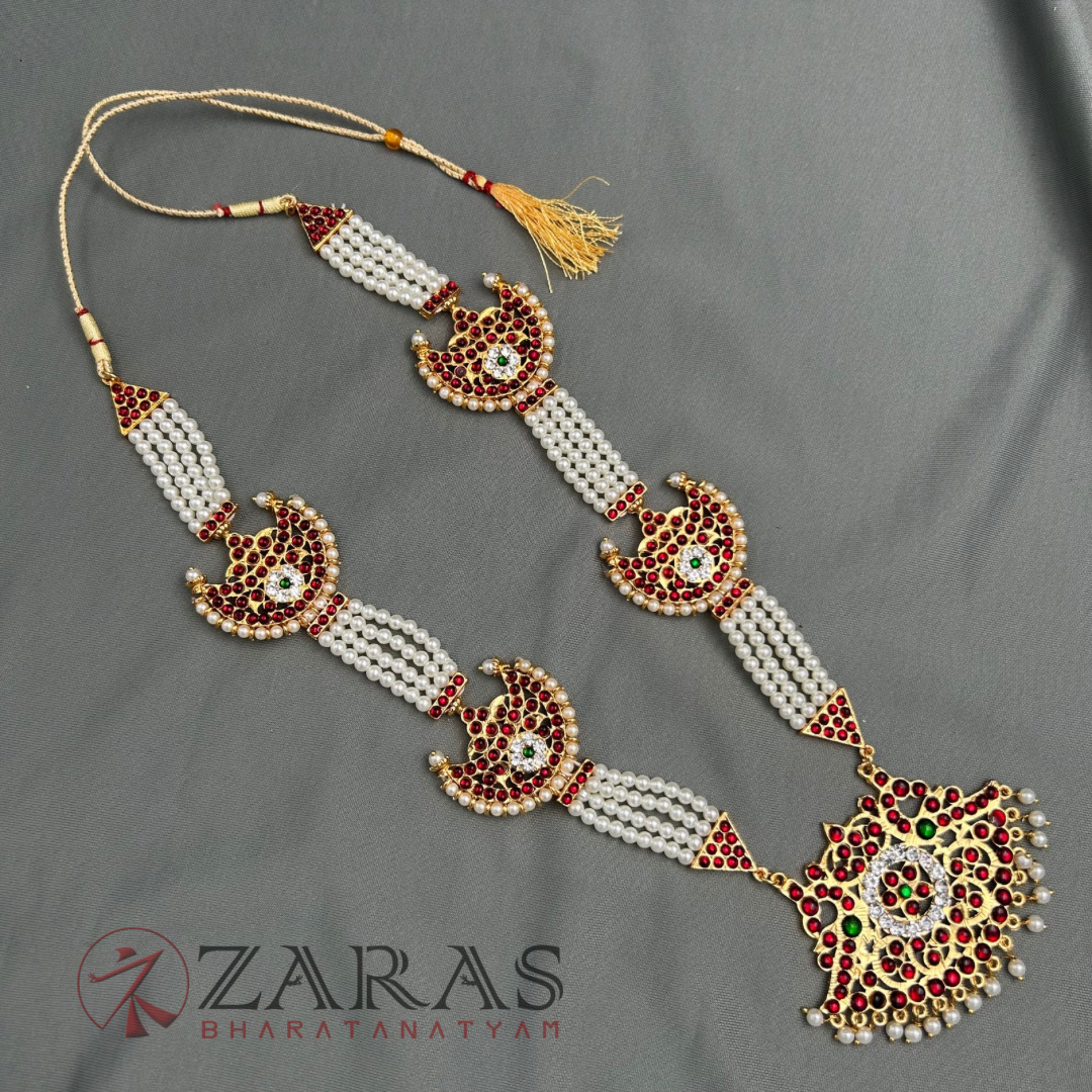 Bharatanatyam Dance Jewellery - 4 Lines Beads Moon RG Kemp Haaram / Long Chain image 2