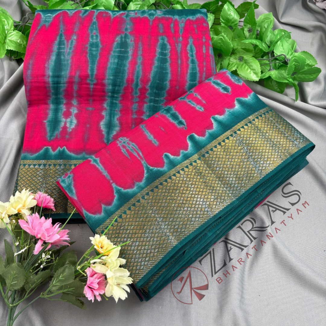 Bharatanatyam Dance Practice Saree - Pink with Peacock Green Double color Saree with Blouse Material image 1