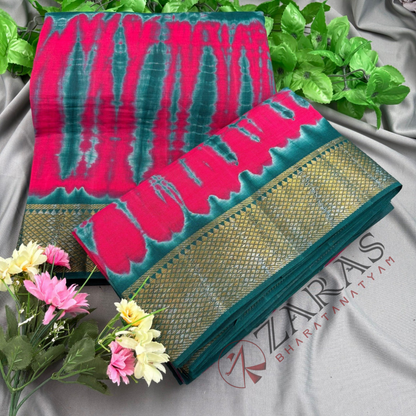 Bharatanatyam Dance Practice Saree - Pink with Peacock Green Double color Saree with Blouse Material image 1