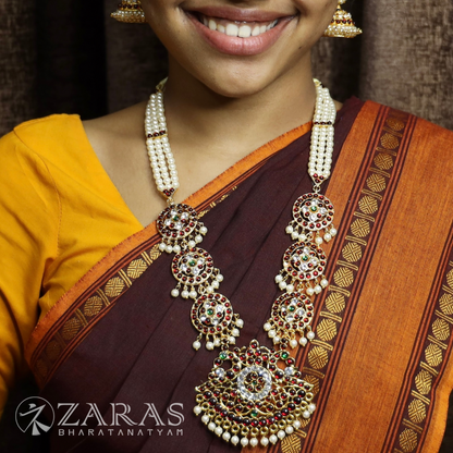 Bharatanatyam Dance Jewellery - 3 Line Beads with Round CS RG Kemp Haaram / Long Chain image 0