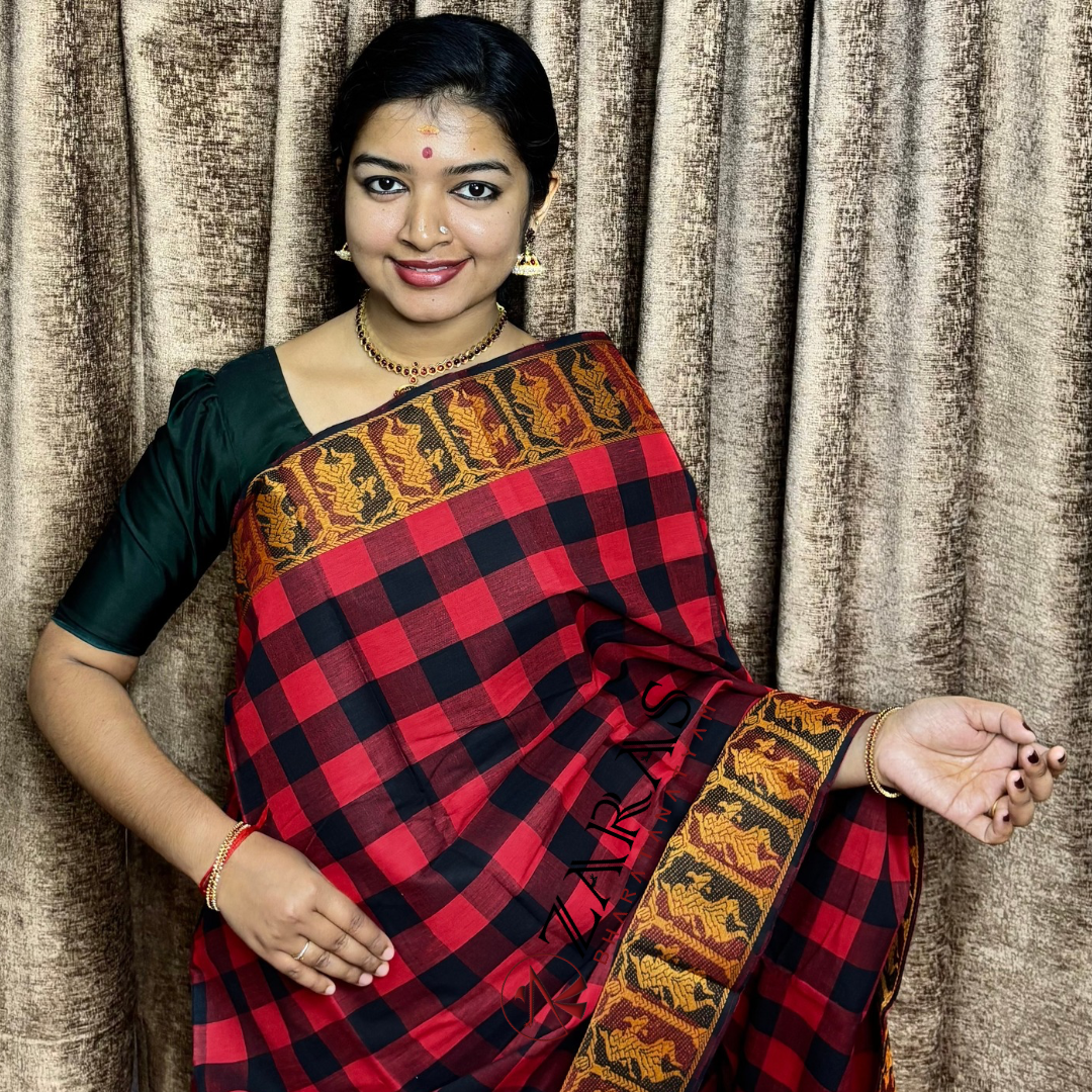 Bharatanatyam Dance Practice Saree - Black With Red Checked With Gold Doll Border image 0