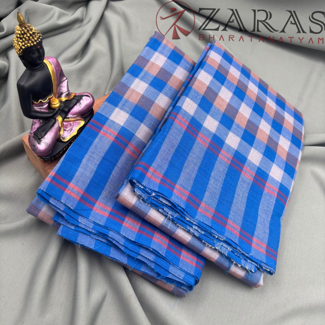 Dance Practice Saree - Blue with White Checked Plain Border image 1