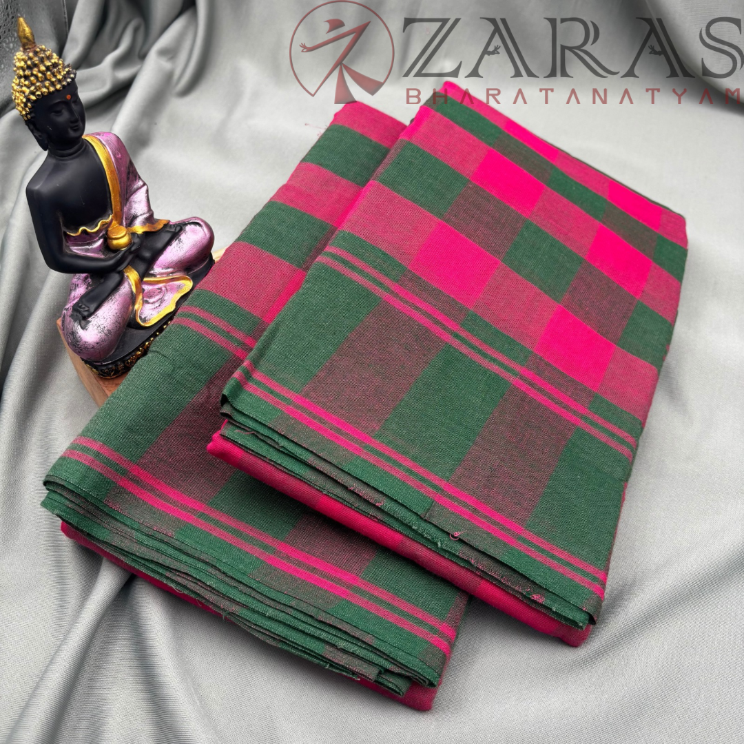 Bharatanatyam Dance Practice Saree - Green Mix Pink Checked Plain Border image 1