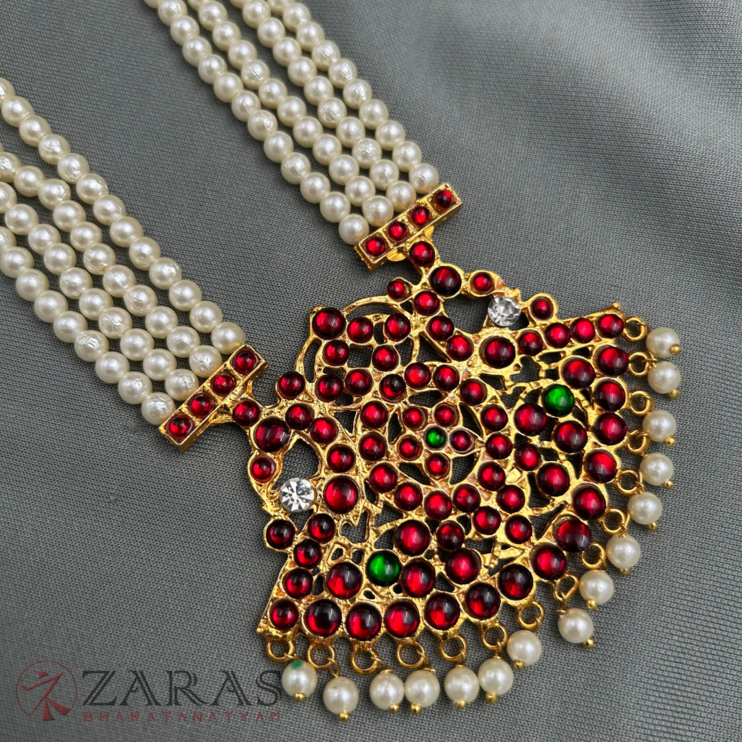 Bharatanatyam Dance Jewellery - 4 Lines Beads Sun Padak RG Kemp Haaram / Long Chain image 3