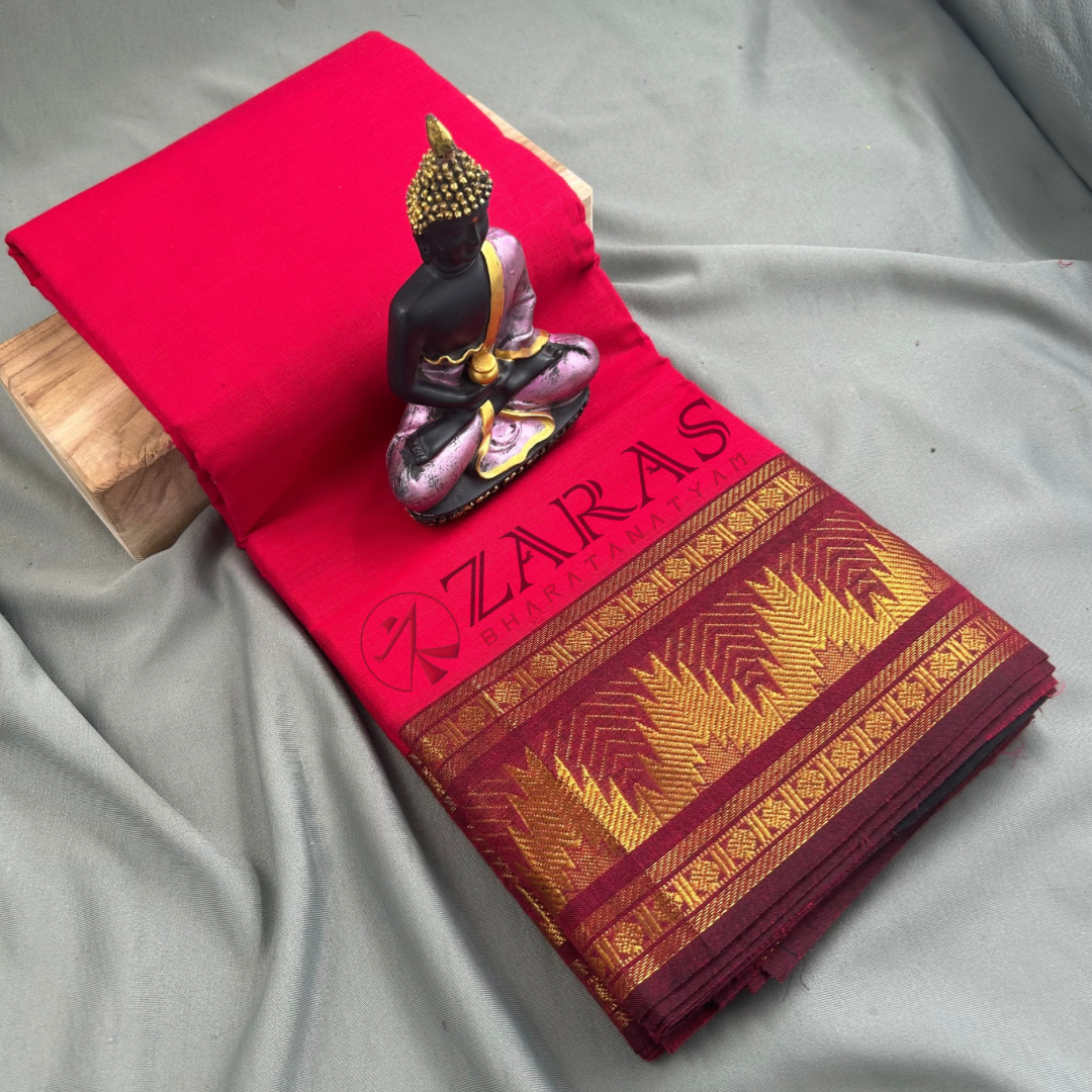 Bharatanatyam Dance Practice Saree - Red with Maroon Temple Border (6 mtr) image 0