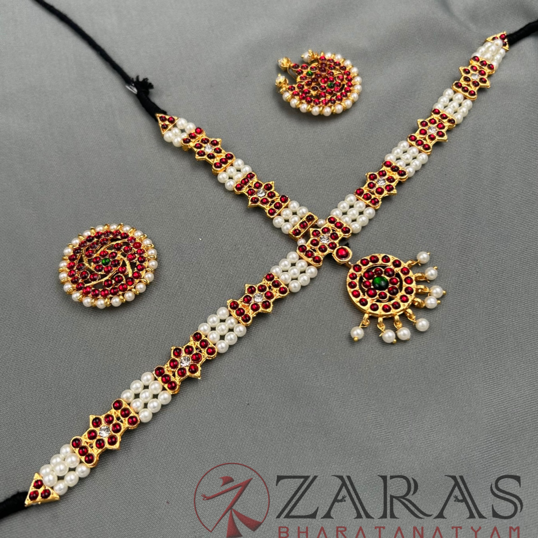 Bharatanatyam Dance Jewellery - Flower 3 Line Beads Red Kemp image 3