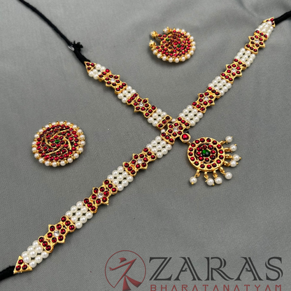 Bharatanatyam Dance Jewellery - Flower 3 Line Beads Red Kemp image 3