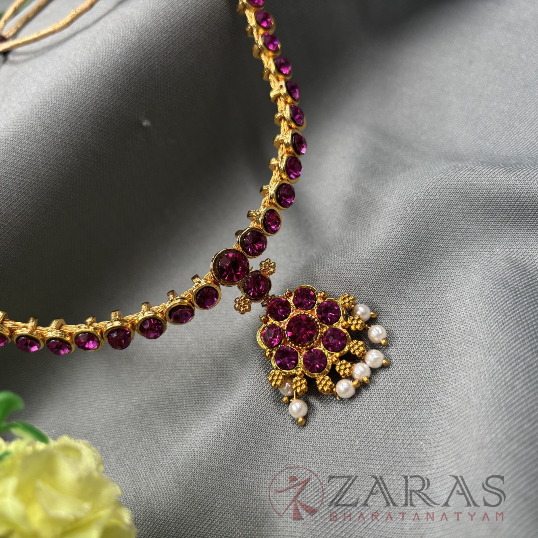 Bharatanatyam Dance Jewellery - Necklace 1 Line Attigai & Flower Pink Stone image 0