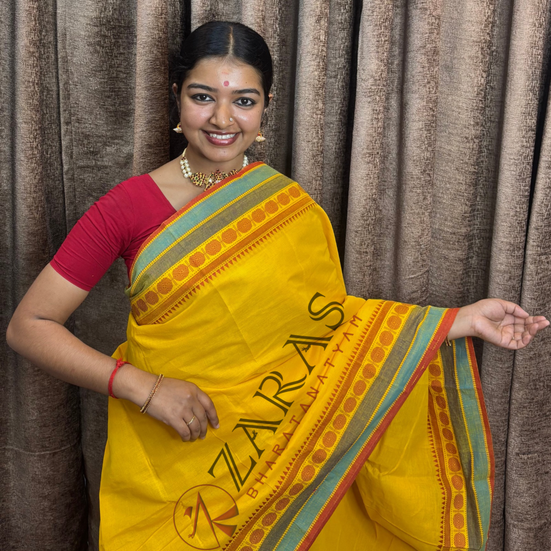 Bharatanatyam Dance Practice Saree - Yellow with Red Temple Coin Border image 0
