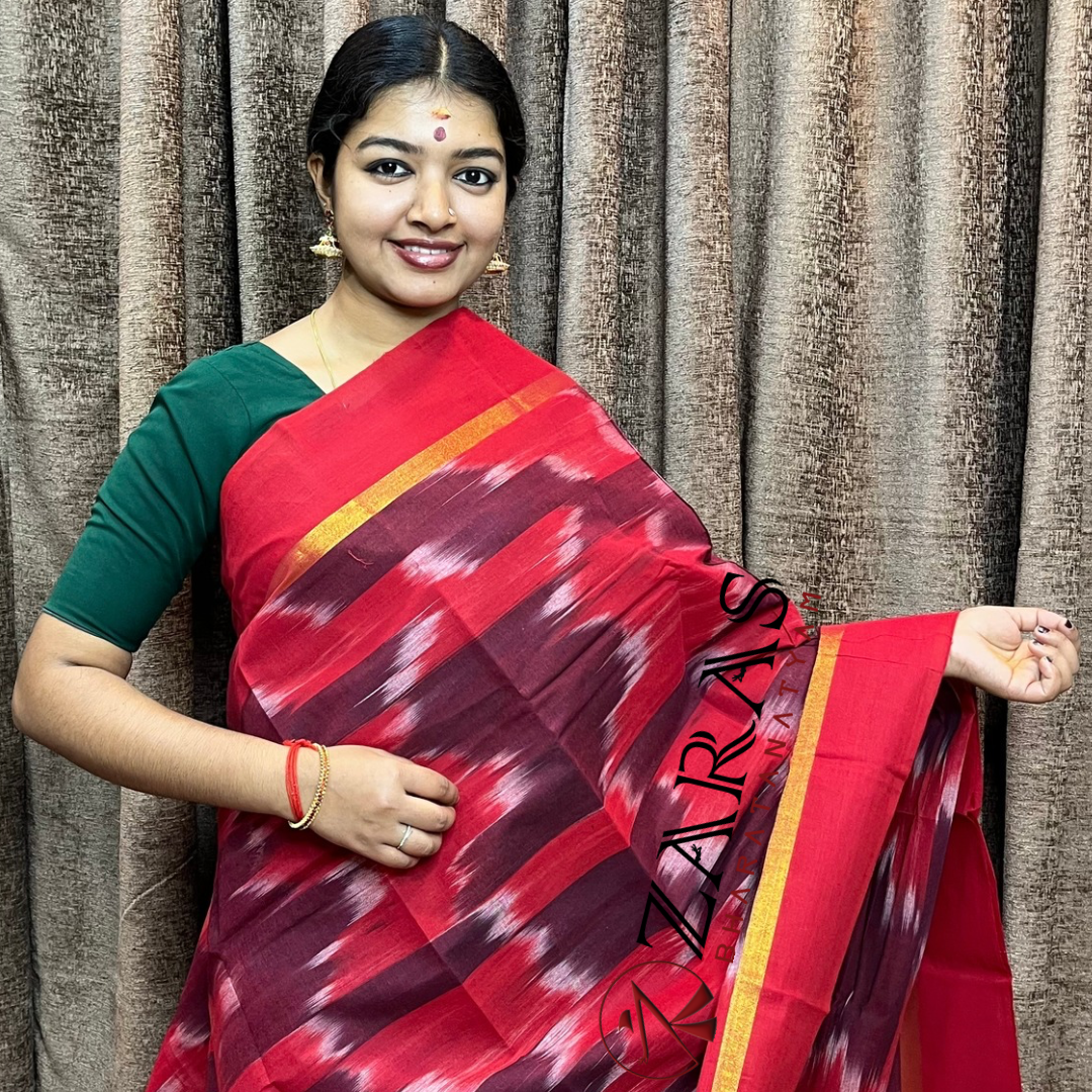 Bharatanatyam Dance Practice Saree - Maroon Red Mixed Ikkat Border image 0