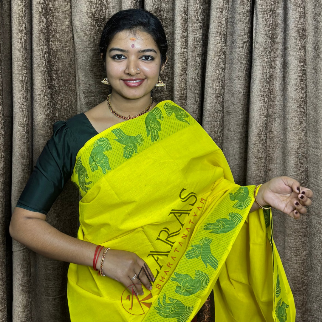 Bharatanatyam Dance Practice Saree - Lemon Yellow with Green Mudhra Border image 0