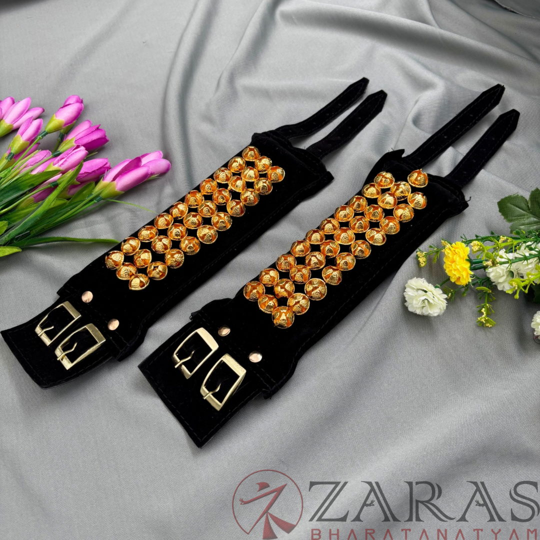 Bharatanatyam Dance Salangai - 3 Line Velvet Ankle Bells (Black) GOLD POLISHED image 1