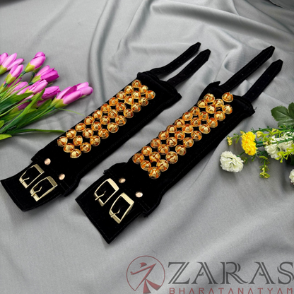 Bharatanatyam Dance Salangai - 3 Line Velvet Ankle Bells (Black) GOLD POLISHED image 1
