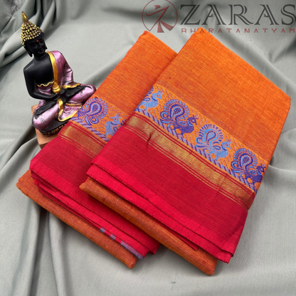 Bharatanatyam Dance Practice Saree - Orange Mix Red S Peacock Border image 1