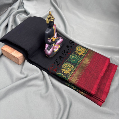 Bharatanatyam Dance Practice Saree - Black Red Small Peacock Border image 1