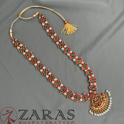 Bharatanatyam Dance Jewellery - Flower with Pearls RG Kemp Haaram / Long Chain image 0