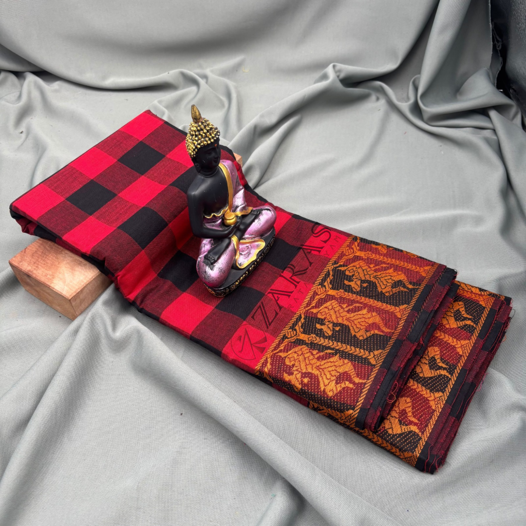 Bharatanatyam Dance Practice Saree - Black With Red Checked With Gold Doll Border image 1