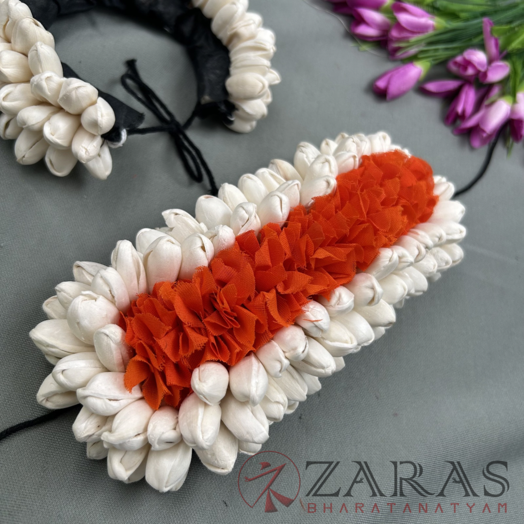 Bharatanatyam Dance Netti Flower - White & Orange Mixed Pattai & Single Set image 1