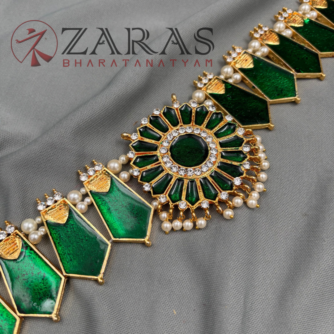 Bharatanatyam Dance Jewellery - Green Flower WS Hip Belt (Ottiyanam) Stone image 2