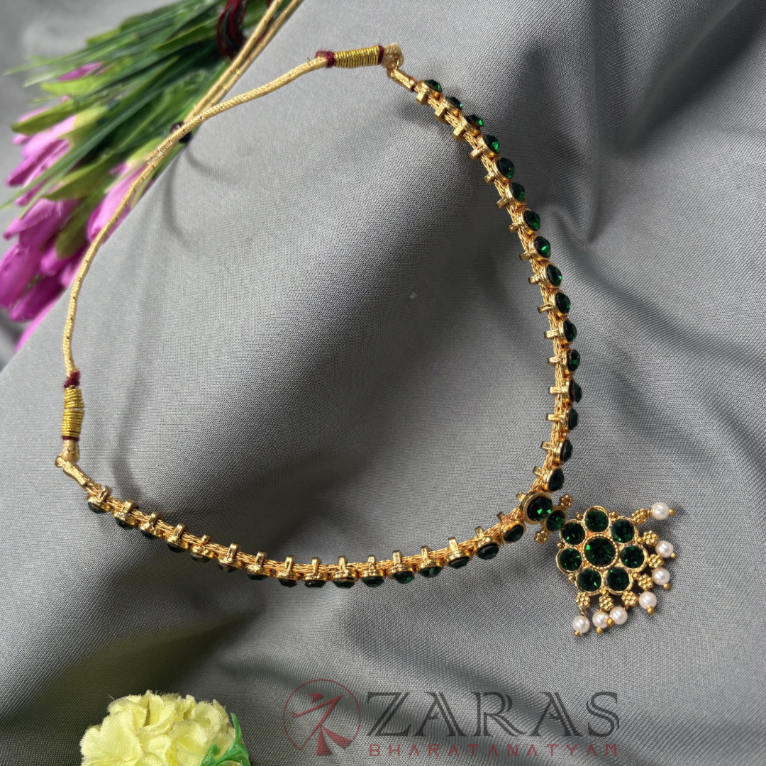 Bharatanatyam Dance Jewellery - Necklace 1 Line Attigai & Flower Green Stone image 2