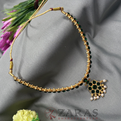 Bharatanatyam Dance Jewellery - Necklace 1 Line Attigai & Flower Green Stone image 2