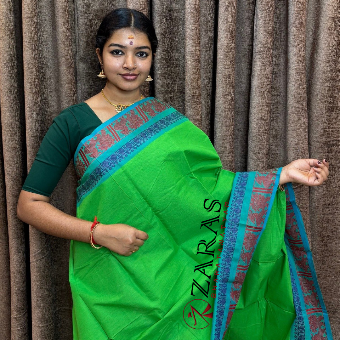 Bharatanatyam Dance Practice Saree - Light Green Red Big Peacock Border image 0