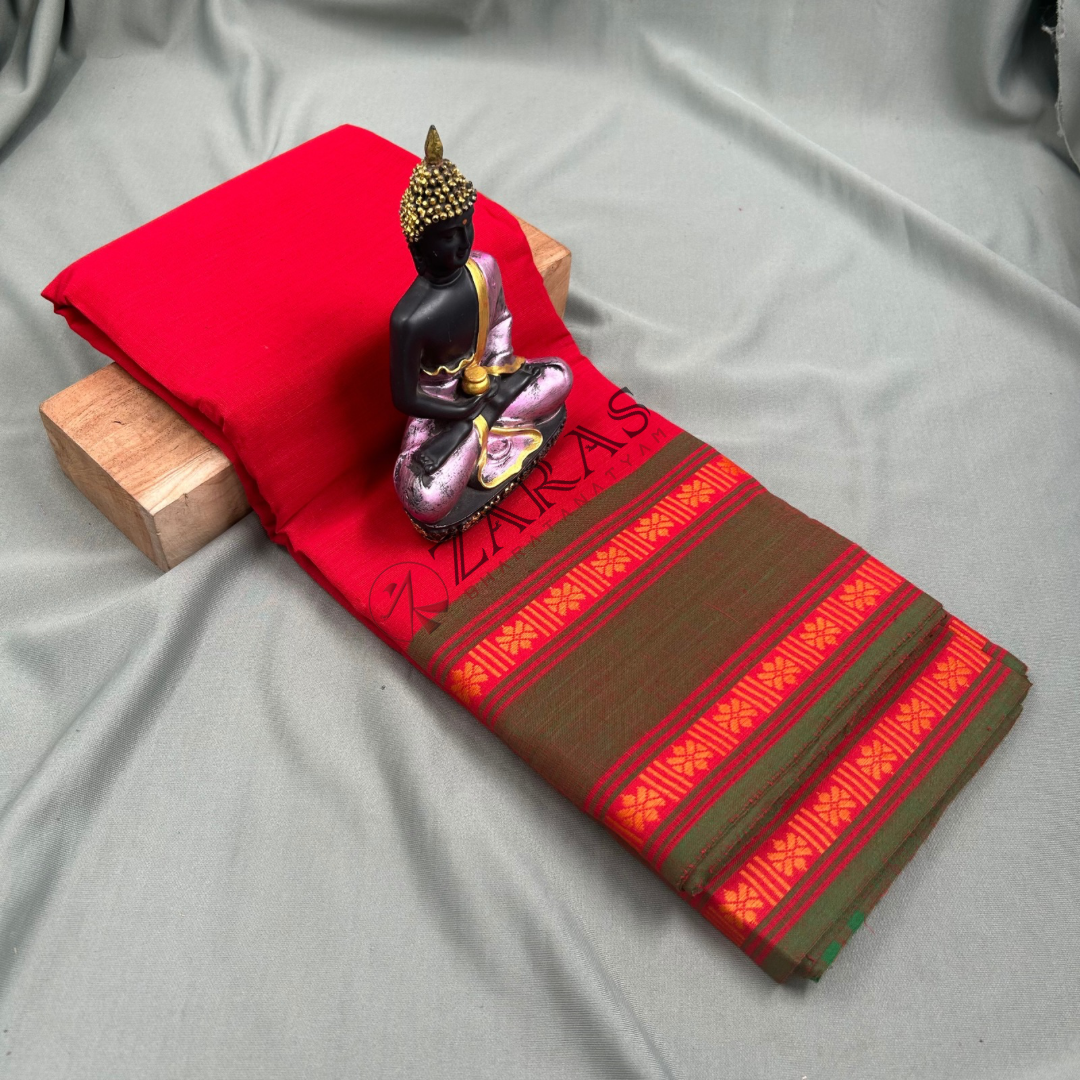 Bharatanatyam Dance Practice Saree - Red with Green Flower Border image 0