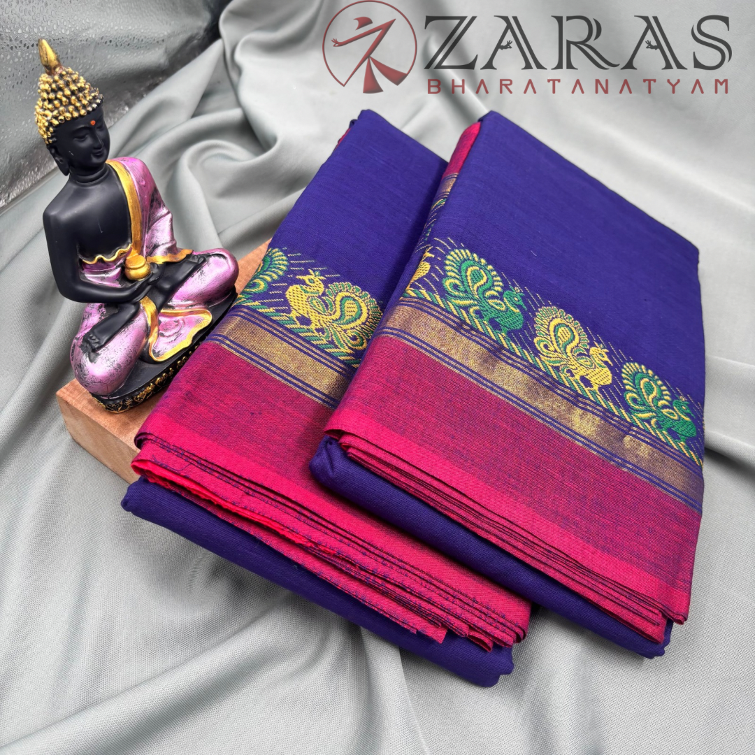 Bharatanatyam Dance Practice Saree - Blue D Red Small Peacock Border image 2