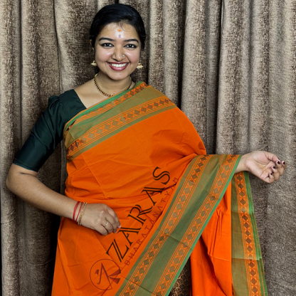 Bharatanatyam Dance Practice Saree - Orange with Green Double Diamond Border image 0