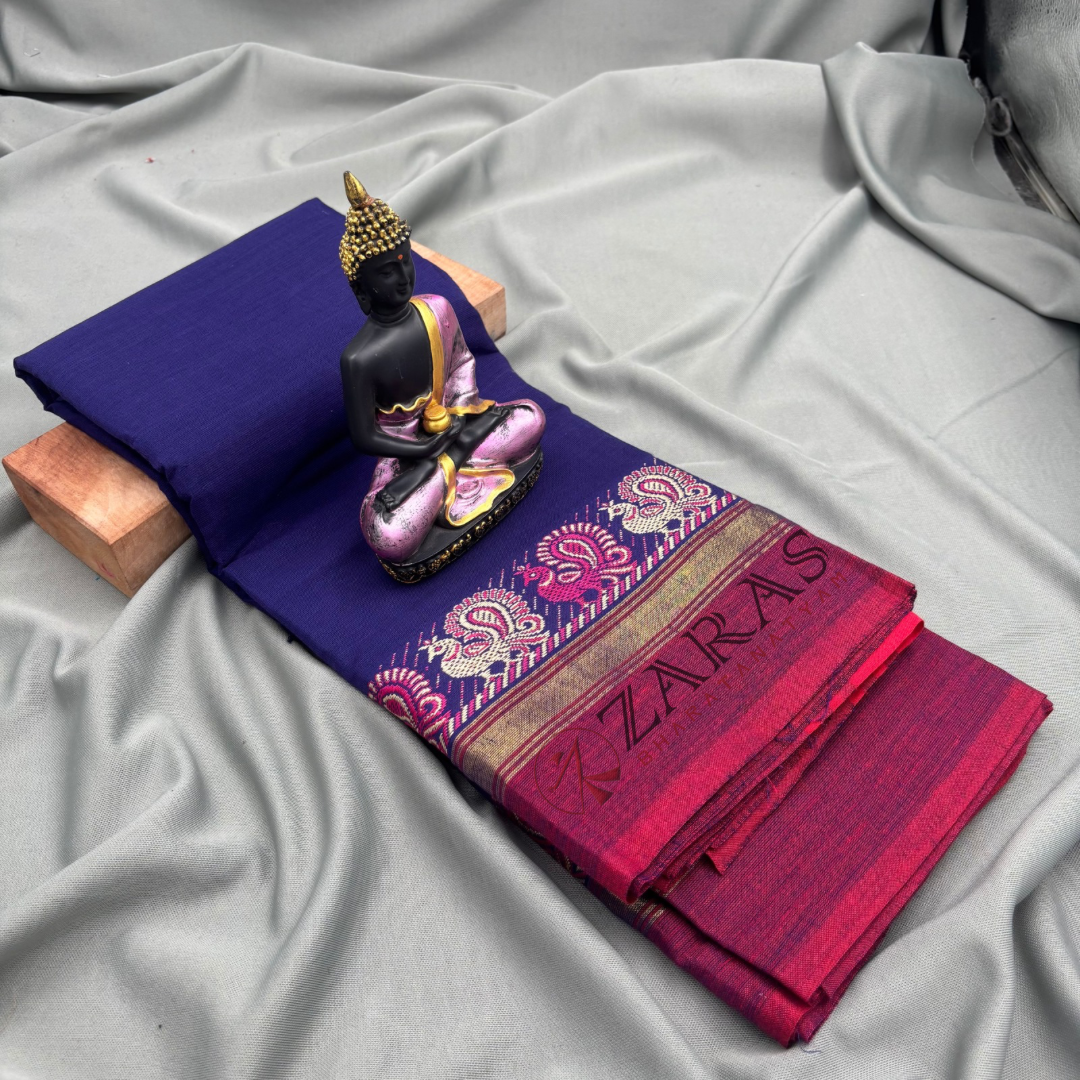 Bharatanatyam Dance Practice Saree - Blue with Pink Small Peacock Border image 0