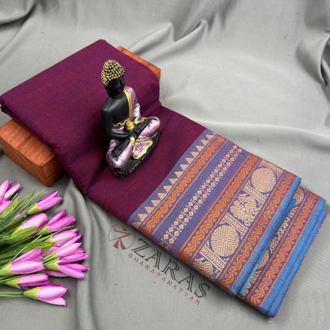 Bharatanatyam Dance Practice Saree - Wine with Blue Temple Border (6 mtr) image 0