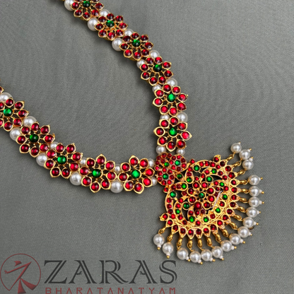 Bharatanatyam Dance Jewellery - Flower with Pearls RG Kemp Haaram / Long Chain image 1