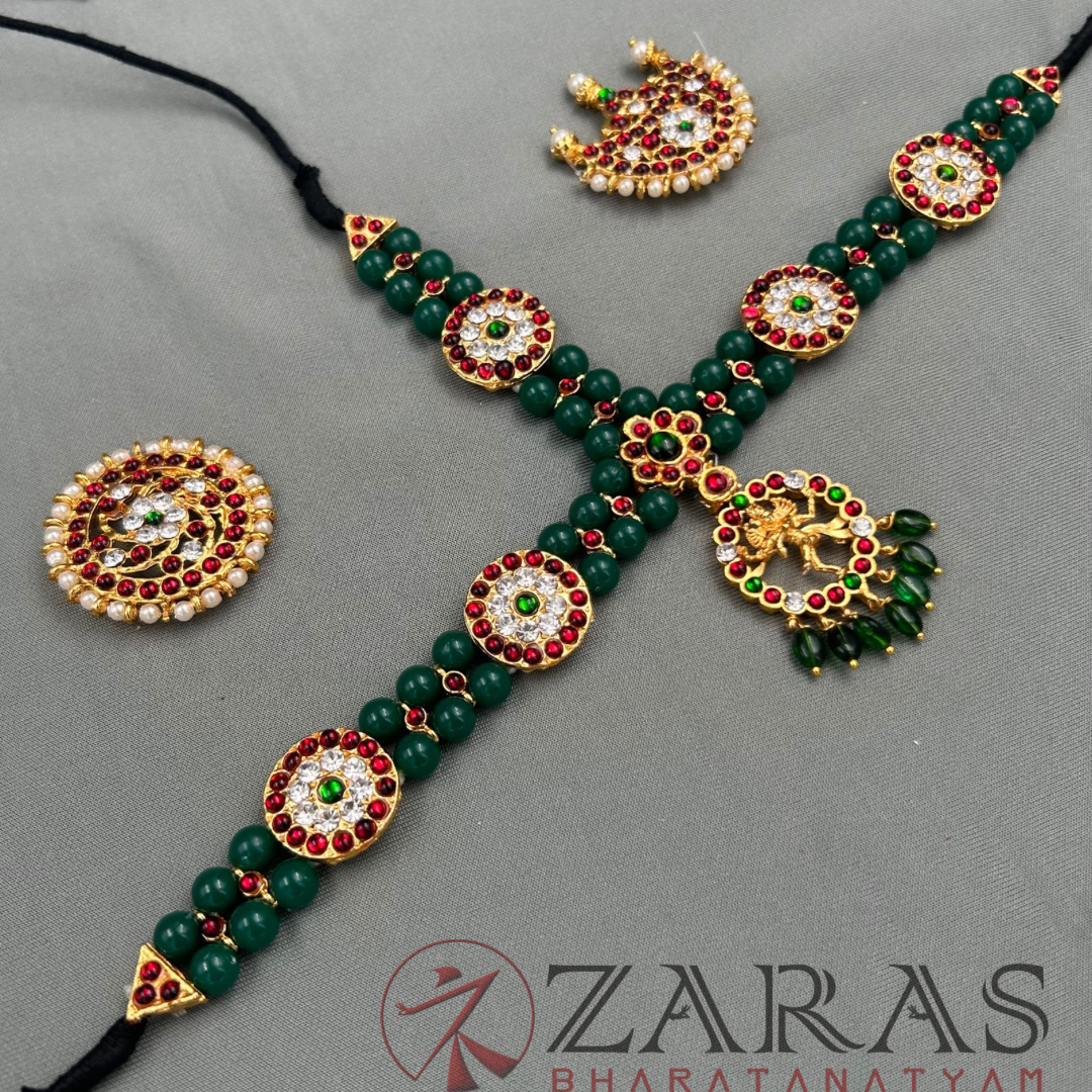 Bharatanatyam Dance Jewellery - Headset Nadaraj Pendent Green Pearls Kemp image 3