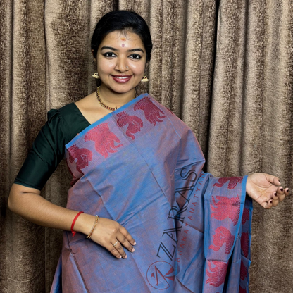 Bharatanatyam Dance Practice Saree - Blue with Red Mudra Border image 0