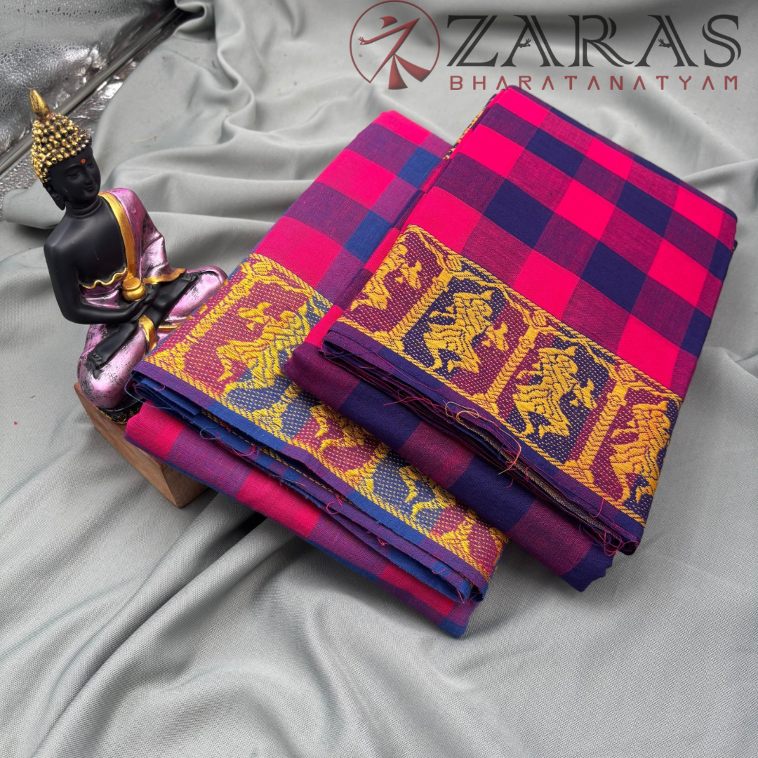 Bharatanatyam Dance Practice Saree - Pink and Blue Checked With Gold Doll Border image 2