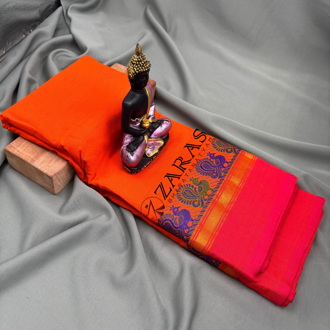 Bharatanatyam Dance Practice Saree - Orange Red Small Peacock Border image 1