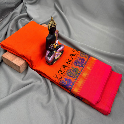 Bharatanatyam Dance Practice Saree - Orange Red Small Peacock Border image 1